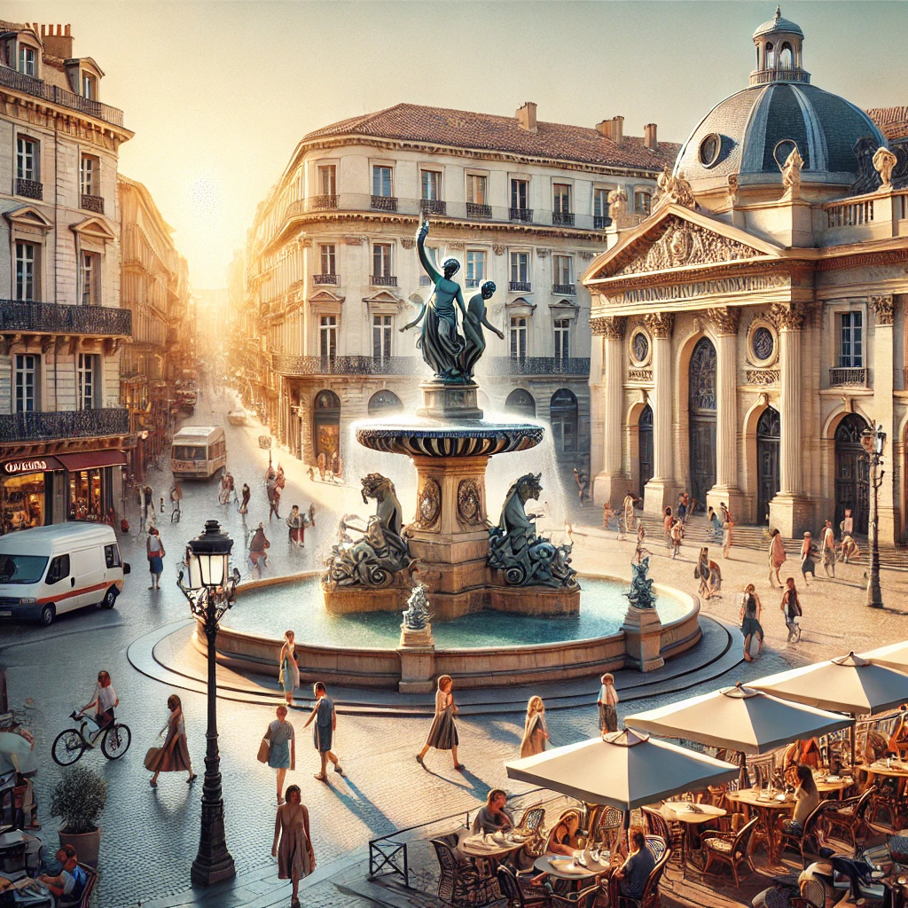 Dall·e 2024 07 31 14.47.25 A Realistic Photo Of The Place De La Comédie In Montpellier, France. Capture The Vibrant City Atmosphere With The Iconic Three Graces Fountain, The Hi