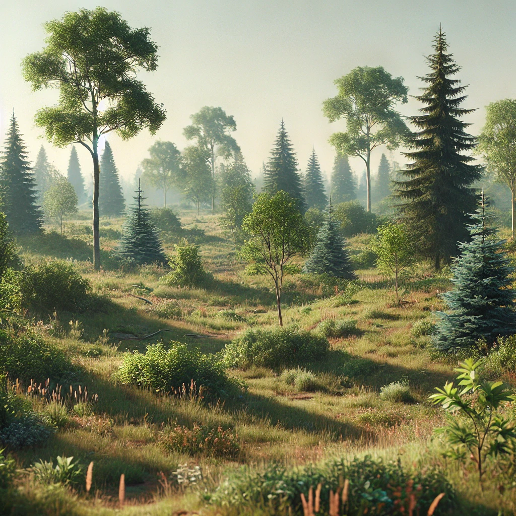 Dall·e 2024 07 31 18.24.39 A Realistic Photo Of A Slightly Wild Terrain With Fewer Trees. The Landscape Includes Some Greenery, Scattered Trees, And A Natural, Untamed Look. The