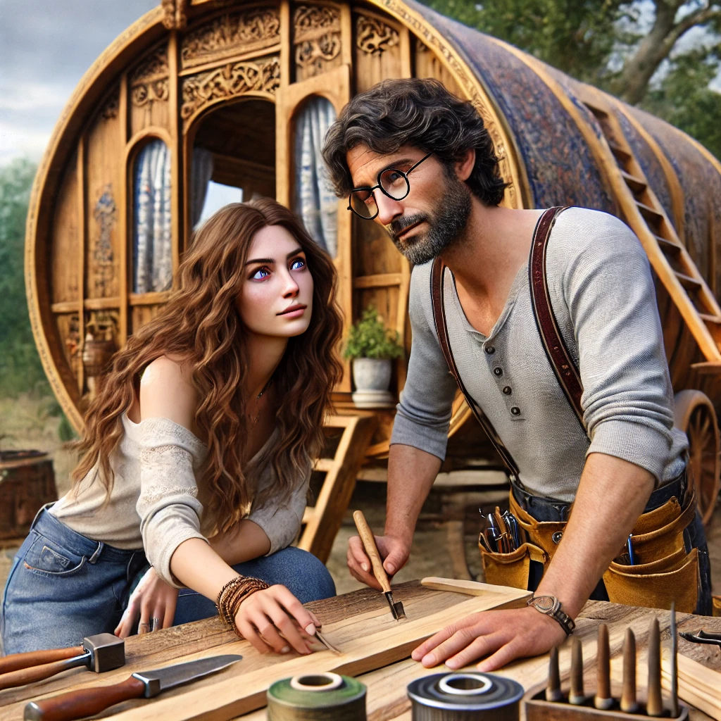 Dall·e 2024 08 01 11.09.14 A Realistic Photo Of A Woman With Long Chestnut Hair, Blue Grey Eyes, And Glasses Working With Yannick, A 50 Year Old Carpenter, At A Bohemian Style W