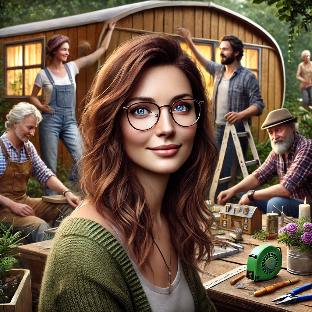 Dall·e 2024 07 31 17.58.10 A Realistic Photo Of A Woman With Long Chestnut Hair, Blue Grey Eyes, And Glasses, Surrounded By Kind And Handy People. They Are Working Together On V