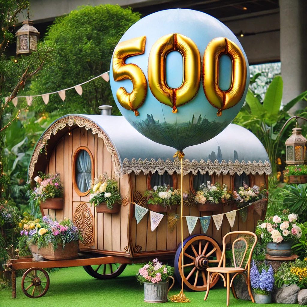 Dall·e 2024 07 31 17.28.47 A Realistic Photo Featuring A Balloon Displaying The Number '500' With A Bohemian Style Wooden Caravan In The Background. The Balloon Is Large And Vib