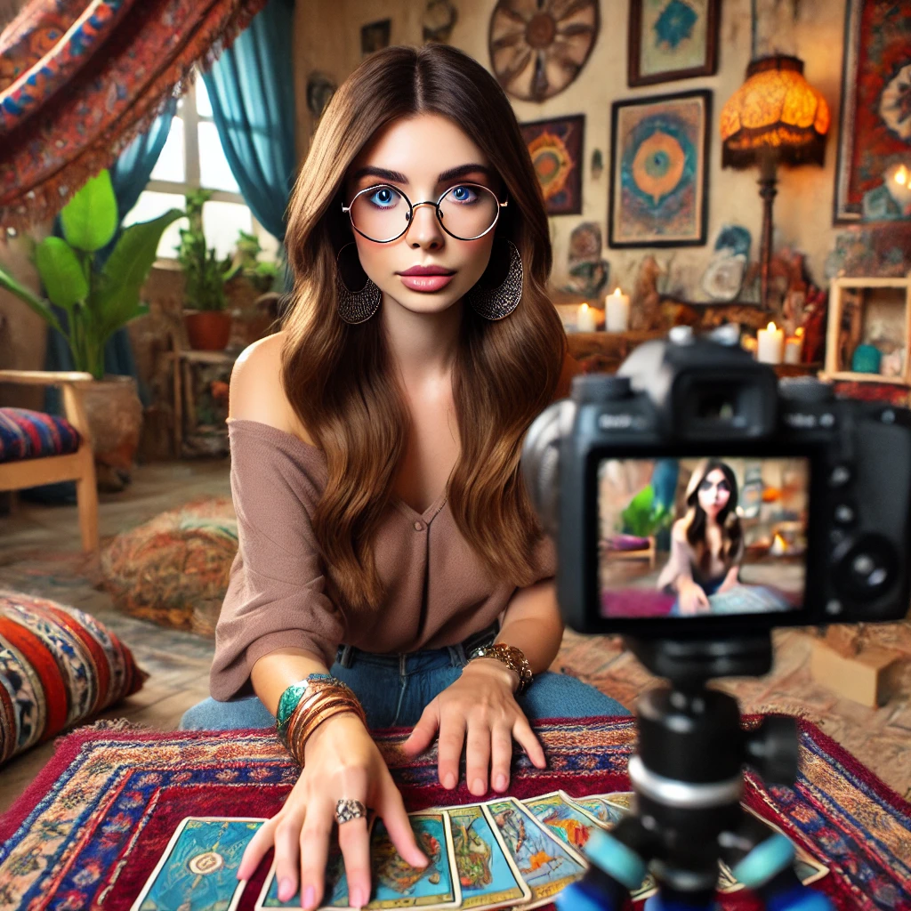 Dall·e 2024 07 31 17.35.20 A Realistic Photo Of A Woman With Long Chestnut Hair, Blue Grey Eyes, And Glasses, Filming Herself While Reading Tarot Cards. She Is Sitting In A Cozy