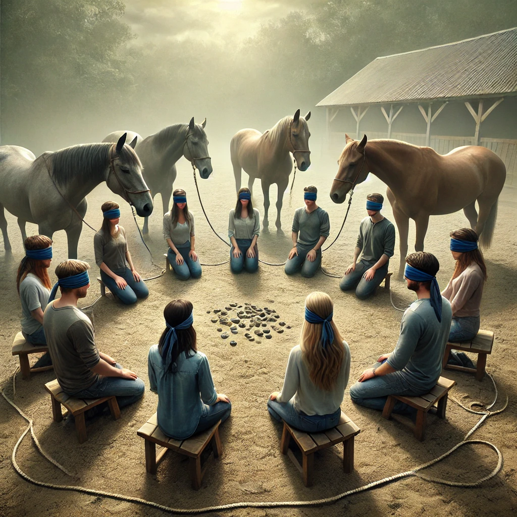 Dall·e 2024 08 05 19.50.50 A Realistic Photo Depicting An Intuitive Connection Session With Horses. Five Participants, Blindfolded, Are Sitting In A Circle In A Round Pen. Horse