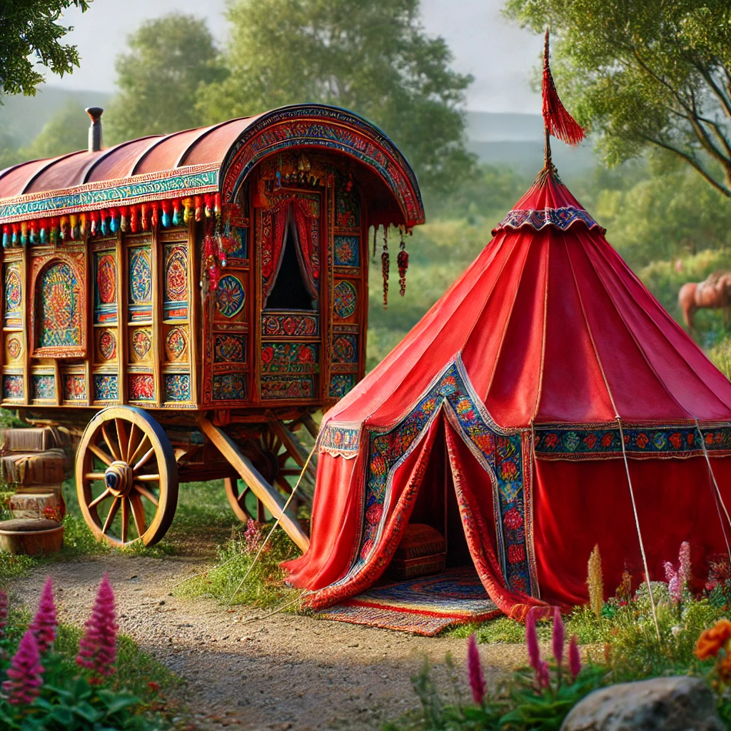 Dall·e 2024 08 14 22.49.24 A Realistic Photo Of A Colorful Wooden Caravan In The Foreground With A Large Red Berber Tent In Front Of It, Symbolizing Traditional Red Tents. The S