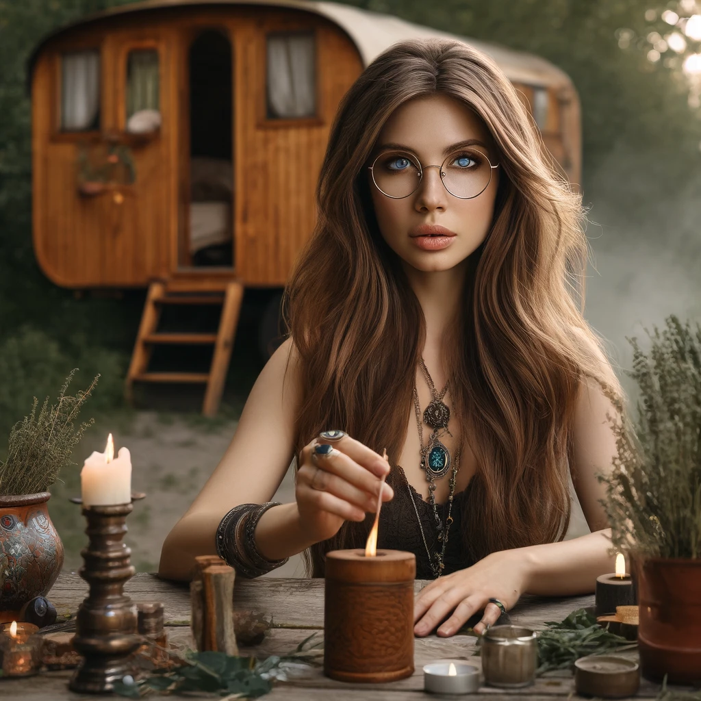 Dall·e 2024 08 21 00.53.08 A Realistic Photo Of A Woman With Long Chestnut Hair, Blue Grey Eyes, And Glasses, Performing A Ritual Consciously And Ethically Near A Bohemian Style