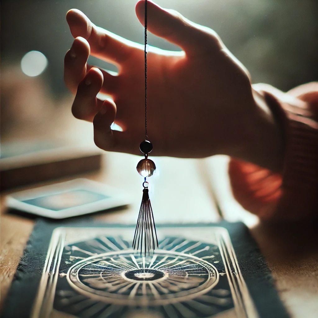 Dall·e 2024 09 02 03.36.39 A Close Up Photograph Of A Hand Holding A Pendulum Above A Divination Mat Or Tarot Cards. The Scene Is Softly Lit, Focusing On The Pendulum As It Swin